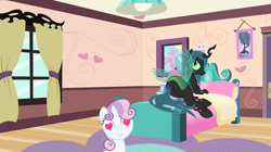 Size: 3500x1960 | Tagged: artist needed, safe, anonymous artist, artist:drewklettke, artist:gloominosity, artist:sunran80, imported from derpibooru, queen chrysalis, sweetie belle, changeling, changeling queen, pony, unicorn, bed, bedroom, bugbutt, butt, chrysa-belle, chrysalass, crack shipping, cute, cutealis, dialogue in the description, diasweetes, duo, eyeshadow, female, filly, foal, grin, heart, heart eyes, horn, lesbian, looking at each other, looking at someone, looking back, lying down, makeup, on bed, shipping, smiling, smiling at each other, stupid sexy chrysalis, sultry pose, tail hanging, this will end in hugs, this will end in kisses, this will end in love, want it need it, wingding eyes