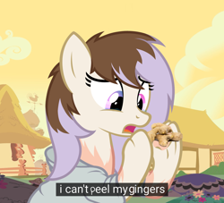 Size: 1100x1000 | Tagged: safe, artist:anonymous, edit, imported from derpibooru, oc, oc only, earth pony, human, pony, /ptfg/, caption, clothes, crying, eye color change, female, ginger, ginger root, hooves, human to pony, looking at hooves, looking at self, mare, mid-transformation, oc name needed, open mouth, outdoors, pink eyes, purple mane, show accurate, sitting, solo, text, transformation