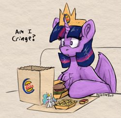 Size: 1313x1274 | Tagged: safe, artist:reddthebat, imported from derpibooru, princess celestia, twilight sparkle, alicorn, pony, bag, burger, burger king, burger king crown, bust, chest fluff, dialogue, female, food, french fries, ketchup, mare, paper bag, paper crown, sauce, signature, solo, toy, twilight burgkle, twilight sparkle (alicorn)