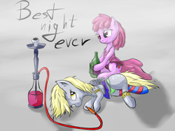 Size: 1024x768 | Tagged: safe, artist:snus-kun, imported from derpibooru, berry punch, berryshine, derpy hooves, earth pony, pegasus, pony, bottle, chest fluff, clothes, drug use, drugs, drunk, ear fluff, female, females only, hookah, lying down, mare, panties, sitting, skirt, smiling, underwear