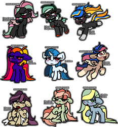 Size: 979x1051 | Tagged: safe, artist:sexygoatgod, imported from derpibooru, oc, oc only, oc:bold move, oc:dusty dunes, oc:garden butterfly, oc:jubilee, oc:kill switch, oc:mint mayhem, oc:pickle brine, oc:powdered petals, oc:sleepy sunset, earth pony, pegasus, pony, unicorn, adoptable, chibi, female, horn, mare