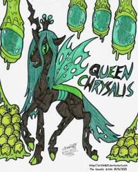 Size: 3257x4067 | Tagged: safe, artist:artistnjc, imported from derpibooru, queen chrysalis, changeling, changeling queen, antagonist, changeling egg, character name, claws, cocoon, colored, female, imprisoned, looking at you, raised leg, sharp teeth, signature, simple background, slime, smiling, smiling at you, solo, teeth, traditional art