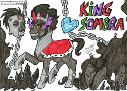 Size: 4535x3271 | Tagged: safe, artist:artistnjc, imported from derpibooru, king sombra, pony, unicorn, antagonist, armor, chains, character name, colored, crystal, crystal heart, evil grin, grin, helmet, horn, looking at you, raised hoof, shadow, sharp teeth, signature, simple background, smiling, solo, sombra eyes, teeth, traditional art, unshorn fetlocks