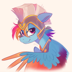 Size: 3000x3000 | Tagged: safe, artist:imalou, imported from derpibooru, rainbow dash, pegasus, pony, colored wings, colored wingtips, commission, female, g4 to g5, g5, generation leap, helmet, high res, looking at you, mare, smiling, smiling at you, solo, wings