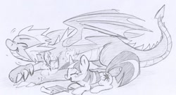 Size: 1280x692 | Tagged: safe, artist:skutchi, imported from derpibooru, part of a set, spike, twilight sparkle, dragon, pony, unicorn, cute, duo, duo male and female, eyes closed, female, horn, levitation, lying down, magic, male, mama twilight, older, older spike, open mouth, open smile, orange background, prone, quill, scroll, simple background, smiling, spikabetes, teenage spike, teenaged dragon, teenager, telekinesis, tickling, twiabetes, unicorn twilight, winged spike, wings