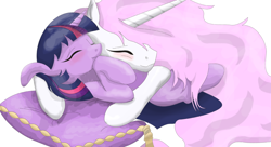 Size: 1024x557 | Tagged: artist needed, safe, imported from derpibooru, princess celestia, twilight sparkle, blushing, cuddling, eyes closed, female, females only, pillow