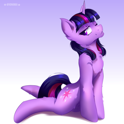 Size: 3000x3000 | Tagged: safe, artist:divori, imported from derpibooru, twilight sparkle, pony, unicorn, chest fluff, ear fluff, female, gradient background, horn, mare, one eye closed, solo, unicorn twilight, wink