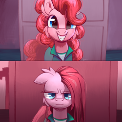 Size: 2250x2240 | Tagged: safe, artist:candy meow, imported from derpibooru, pinkie pie, earth pony, pony, bags under eyes, clothes, female, grumpy, happy, mare, meme, meme template, pinkamena diane pie, ponified, ponified meme, solo, squid game, unhappy