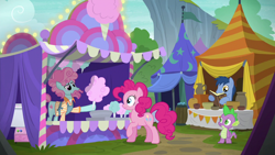 Size: 1280x720 | Tagged: safe, imported from derpibooru, screencap, blues, noteworthy, pinkie pie, spike, dragon, earth pony, newbie dash, season 6, book, bowl, concession stand, cotton candy, cotton candy vendor, female, hoof hold, male, male and female, my little pony, papa beard, pitcher, pot, tent