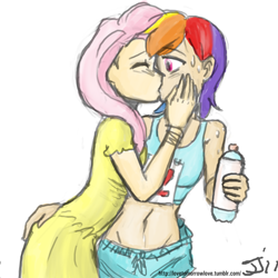 Size: 1280x1280 | Tagged: safe, artist:johnjoseco, color edit, edit, imported from derpibooru, fluttershy, rainbow dash, human, belly, belly button, clothes, colored, dress, female, flutterdash, grayscale, humanized, kissing, lesbian, midriff, monochrome, shipping, sports bra