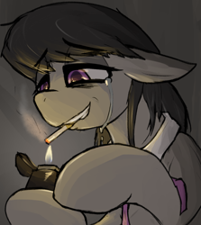 Size: 746x835 | Tagged: safe, artist:candel, imported from derpibooru, octavia melody, earth pony, pony, cigarette, collar, crying, female, lighter, mare, messy mane, redraw, sad, smiling, smoking, solo, tears of pain