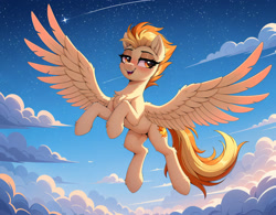 Size: 1376x1072 | Tagged: safe, imported from twibooru, spitfire, pegasus, pony, ai content, ai generated, chest fluff, cloud, female, flying, generator:stable diffusion, generator:zoinksnoob, image, lidded eyes, needs more jpeg, prompter:cloudmild, sky, smiling, solo, spread wings, stars, tail, wings