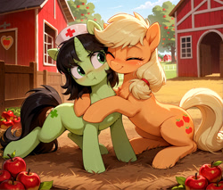 Size: 2040x1736 | Tagged: safe, imported from twibooru, applejack, oc, oc:anon-mare, earth pony, pony, unicorn, ai content, anon pony, apple, barn, blushing, chest fluff, eyes closed, female, fluffy, food, hat, hay, horn, hug, image, needs more jpeg, nurse hat, orchard, outdoors, pouting, prompter:foaltamer, raised hoof, red cross, sitting, smiling, standing