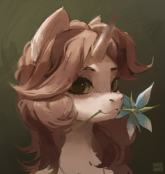 Size: 1897x2001 | Tagged: safe, artist:rvsd, imported from derpibooru, oc, oc only, pony, unicorn, bust, commission, female, flower, flower in mouth, gradient background, horn, looking at you, mare, mouth hold, smiling, smiling at you, solo