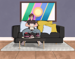 Size: 1280x1000 | Tagged: safe, artist:vaalkizuk, imported from derpibooru, part of a set, human, cake, couch, food, human male, human to pony, implied pinkie pie, indoors, letter, male, male to female, reading, rule 63, sitting, solo, transformation, transformation sequence, transgender transformation