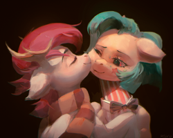 Size: 2934x2352 | Tagged: safe, artist:rvsd, imported from derpibooru, oc, oc only, pony, antlers, bowtie, cheek kiss, clothes, commission, duo, female, kissing, male, mare, oc x oc, one eye closed, scarf, shipping