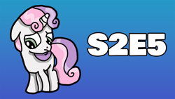 Size: 1280x720 | Tagged: safe, artist:chaosmilo, imported from derpibooru, sweetie belle, pony, unicorn, sisterhooves social, blue background, gradient background, green eyes, horn, my little pony, simple background, solo, text