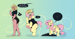 Size: 5580x2900 | Tagged: safe, artist:maynara, imported from derpibooru, fluttershy, human, pegasus, pony, chest fluff, dialogue, diaper, eyes closed, female, glasses, gradient background, high res, human to pony, non-baby in diaper, offscreen character, open mouth, open smile, smiling, speech bubble, stomping, transformation, transformation sequence, yay