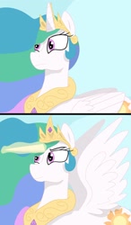 Size: 1200x2048 | Tagged: safe, artist:cosmicwaves35, imported from derpibooru, princess celestia, alicorn, comic, glowing, glowing horn, horn, horn extension, panel, simple background, solo