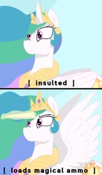 Size: 1200x2048 | Tagged: safe, artist:cosmicwaves35, imported from derpibooru, princess celestia, alicorn, caption, horn, horn extension, insulted, panel, solo, text