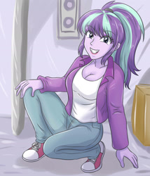 Size: 2048x2389 | Tagged: safe, artist:sumin6301, imported from derpibooru, starlight glimmer, human, equestria girls, 2d, bangs, breasts, cleavage, clothes, denim, eyebrows, eyebrows visible through hair, eyeshadow, female, jeans, long sleeves, looking at you, makeup, pants, ponytail, shirt, shoes, smiling, smiling at you, solo, vest