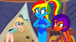 Size: 2600x1440 | Tagged: safe, artist:shieldwingarmorofgod, artist:skyfallfrost, imported from derpibooru, oc, oc:allie, oc:jade harmony, oc:royal strength, human, equestria girls, beach, belly, belly button, bikini, camping, clothes, female, glasses, midriff, one-piece swimsuit, ponytail, sand, summer, swimsuit