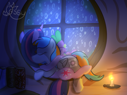 Size: 1311x986 | Tagged: safe, artist:ossilia flawol, imported from derpibooru, spike, twilight sparkle, oc, oc:portal bump, pegasus, pony, unicorn, book, candle, canon x oc, companion cube, cuddling, daring do book, family, female, golden oaks library, indoors, lesbian, pegasus oc, portal (valve), portalsparkle, rain, shipping, sleeping, trio, unicorn twilight, window, wings