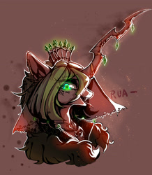 Size: 3120x3576 | Tagged: safe, artist:begasus, artist:goldenrainynight, imported from derpibooru, queen chrysalis, changeling, changeling queen, alternate design, bust, clothes, crown, fangs, female, forked tongue, goth, high res, horn, horn jewelry, jewelry, regalia, tongue out, veil