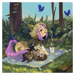 Size: 1400x1400 | Tagged: safe, artist:weird--fish, imported from derpibooru, oc, oc only, butterfly, pony, eyes closed, floral head wreath, flower, hood, lying down, mug, oc name needed, picnic blanket, plushie, prone, smiling, solo, tree