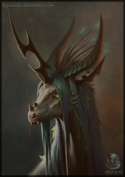 Size: 1240x1753 | Tagged: safe, artist:begasus, imported from derpibooru, queen chrysalis, kelpie, bust, female, portrait, solo, tongue out