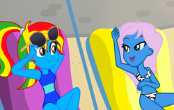 Size: 3505x2216 | Tagged: safe, artist:shieldwingarmorofgod, artist:yaya54320bases, imported from derpibooru, oc, oc only, oc:radiant rail, oc:royal strength, human, equestria girls, equestria girls series, lost and found, beach chair, belly, belly button, bikini, blue skin, chair, clothes, duo, duo female, female, my little pony equestria girls: better together, one-piece swimsuit, outdoors, ponytail, summer, sunbathing, sunglasses, swimsuit