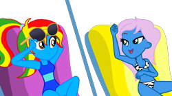 Size: 1996x1116 | Tagged: safe, artist:shieldwingarmorofgod, artist:yaya54320bases, imported from derpibooru, oc, oc only, oc:radiant rail, oc:royal strength, human, equestria girls, equestria girls series, lost and found, beach chair, belly, belly button, bikini, blue skin, chair, clothes, duo, duo female, female, my little pony equestria girls: better together, one-piece swimsuit, ponytail, simple background, summer, sunbathing, sunglasses, swimsuit, transparent background