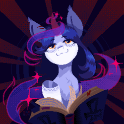 Size: 2080x2080 | Tagged: safe, artist:danvo, imported from derpibooru, oc, oc only, pony, unicorn, abstract background, book, dark magic, digital art, dithering, female, horn, looking at you, magic, pixel art, scar, solo, sparkles