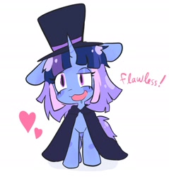 Size: 1850x1936 | Tagged: safe, artist:meowdcore, imported from derpibooru, oc, oc only, oc:flawless sparklemoon, pony, unicorn, cape, clothes, female, fusion, fusion:trixie, fusion:twilight sparkle, fusion:twixie, hat, heart, horn, mare, multicolored hair, my little pony the movie - shattered harmony, my little pony the movie: the death of twilight sparkle, open mouth, simple background, solo, top hat, white background