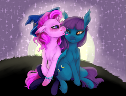 Size: 1345x1028 | Tagged: safe, artist:colorlesscupcake, imported from derpibooru, oc, oc only, oc:blue moon, oc:hazel charm, bat pony, pony, unicorn, female, hat, heart, horn, kissing, lesbian, shipping, witch, witch hat