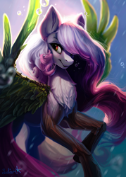 Size: 1500x2100 | Tagged: safe, artist:lulemt, imported from derpibooru, oc, oc only, original species, pegasus, plant pony, pony, bubble, chest fluff, commission, plant, solo, underwater, water