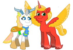 Size: 1050x720 | Tagged: safe, imported from derpibooru, oc, oc:ankhfiresky, oc:morphonia, alicorn, changeling, 2d, clothes, g5, male, male oc, my little pony: tell your tale, scarf