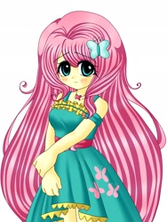 Size: 1536x2048 | Tagged: safe, artist:seacatscrying, imported from derpibooru, fluttershy, human, anime style, clothes, dress, higurashi no naku koro ni, humanized, simple background, solo, style emulation, white background