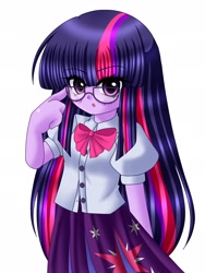 Size: 1536x2048 | Tagged: safe, artist:seacatscrying, imported from derpibooru, sci-twi, twilight sparkle, human, :o, anime style, clothes, glasses, higurashi no naku koro ni, humanized, open mouth, skirt, solo, style emulation