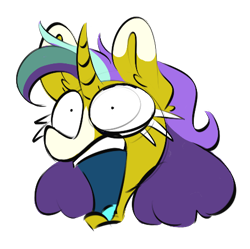 Size: 476x475 | Tagged: safe, artist:cupute, imported from derpibooru, oc, oc only, oc:star mane, pony, unicorn, big ears, bust, colored mouth, curved horn, ear fluff, exaggeration, horn, looking at you, multicolored hair, multicolored mane, open mouth, portrait, purple mane, scared, shocked, shrunken pupils, simple background, solo, terrified, transparent background, unicorn oc, yellow body