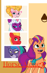 Size: 3300x5100 | Tagged: safe, artist:caseyben887, artist:chanyhuman, artist:prixy05, imported from derpibooru, opaline arcana, sprout cloverleaf, sunny starscout, alicorn, big cat, earth pony, leopard, pony, snow leopard, allura, g5, group, home alone, home alone 3, my little pony: tell your tale, parody, phyllis cloverleaf, pun, quintet