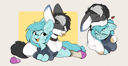 Size: 4218x2183 | Tagged: safe, artist:rexyseven, imported from derpibooru, oc, oc only, oc:whispy slippers, earth pony, pony, clothes, earth pony oc, eyes closed, female, glasses, heart, hug, looking at each other, looking at someone, lying down, male, mare, oc name needed, oc x oc, one eye closed, shipping, slippers, smiling, socks, stallion, straight, sweater, tongue out