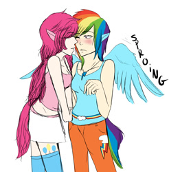 Size: 1009x1025 | Tagged: artist needed, safe, imported from derpibooru, pinkie pie, rainbow dash, human, blushing, clothes, cutie mark, cutie mark on clothes, cutie mark on human, eared humanization, female, females only, humanized, jewelry, lesbian, necklace, pinkiedash, shipping, spread wings, wingboner, winged humanization, wings