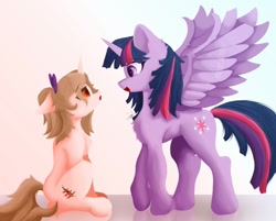 Size: 1024x825 | Tagged: safe, artist:yenne_sistint, imported from derpibooru, twilight sparkle, oc, alicorn, pony, unicorn, concave belly, duo, female, gradient background, happy, horn, looking at each other, looking at someone, mare, open mouth, smiling, spread wings, surprised, twilight sparkle (alicorn), wings