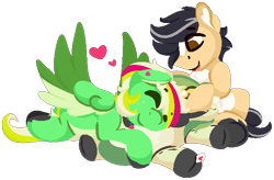 Size: 598x392 | Tagged: safe, artist:rhythmpixel, imported from derpibooru, oc, oc only, oc:gumdrops, oc:rhythm fruit, oc:summer rye, deer, earth pony, original species, pegasus, plush pony, collar, deer oc, heart, non-pony oc, plushie, simple background, snuggling, transparent background