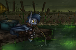 Size: 2300x1500 | Tagged: safe, artist:molars, imported from derpibooru, oc, oc only, oc:sascha, bat pony, fish, fallout equestria, algie, apocalypse, armor, ashes town, clothes, complex background, cooler, deck, dock, fangs, fence, fishing, fishing rod, full body, glowing, glowing water, jacket, lake, leather, leather jacket, outdoors, radioactive, shadow, tail, teeth, wasteland, water, wires