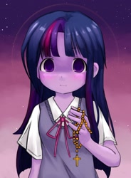 Size: 1244x1694 | Tagged: safe, artist:zoolpal, imported from derpibooru, twilight sparkle, human, anime style, cross, cross necklace, humanized, jewelry, necklace, smiling, solo