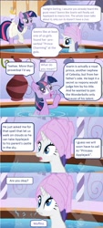 Size: 724x1599 | Tagged: safe, imported from derpibooru, rarity, twilight sparkle, unicorn, comic, cross-eyed, female, females only, food, horn, muffin, spa, towel, towel on head