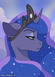 Size: 1281x1795 | Tagged: safe, artist:renfriday13, imported from derpibooru, princess luna, pony, bust, crown, female, jewelry, mare, portrait, profile, regalia, solo, unamused