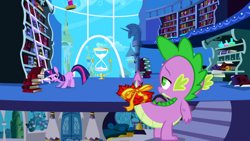 Size: 1920x1080 | Tagged: safe, imported from derpibooru, screencap, spike, twilight sparkle, dragon, pony, unicorn, friendship is magic, book, bookshelf, canterlot, duo, female, horn, hourglass, male, mare, my little pony, twilight's canterlot home, unicorn twilight